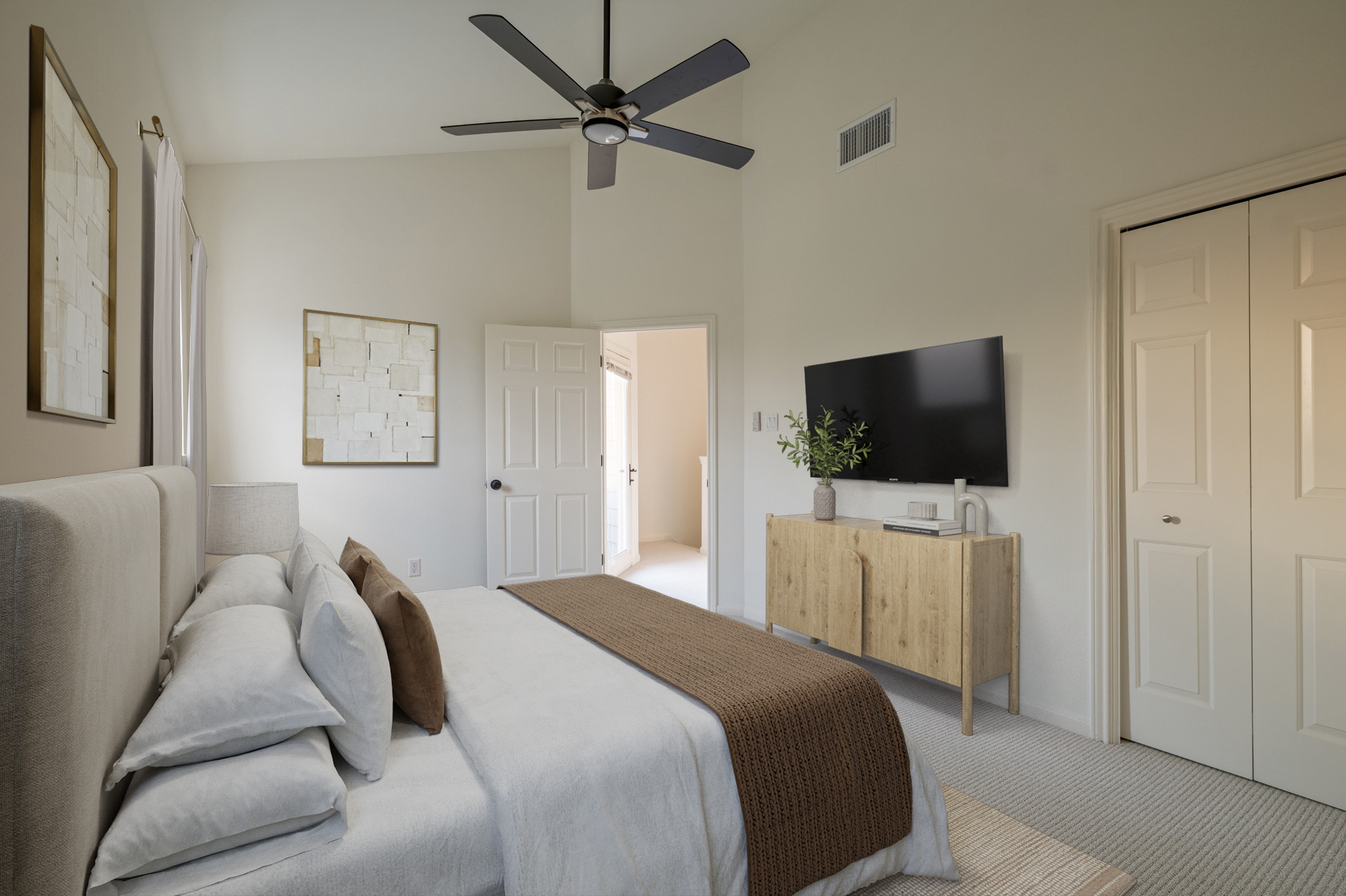 6010 Long Champ Court, Unit 113 Austin, TX 78746 - Photo 8 of 25 Virtually staged. Bedroom featuring carpet, high vaulted ceiling, ceiling fan, and a closet