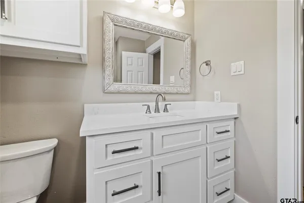 a bathroom with a toilet a sink a vanity and mirror