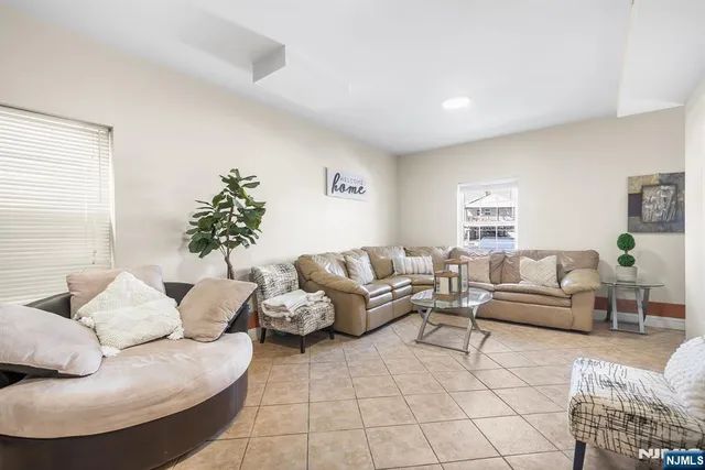 a living room with furniture and a potted plant