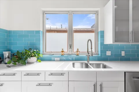 a kitchen with a sink and potted plant