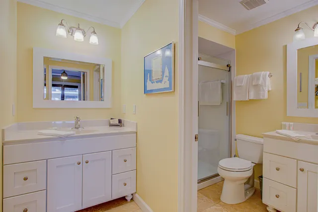 a bathroom with a sink toilet vanity and shower