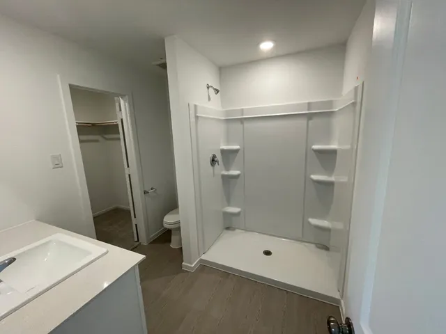 a bathroom with a shower and a sink