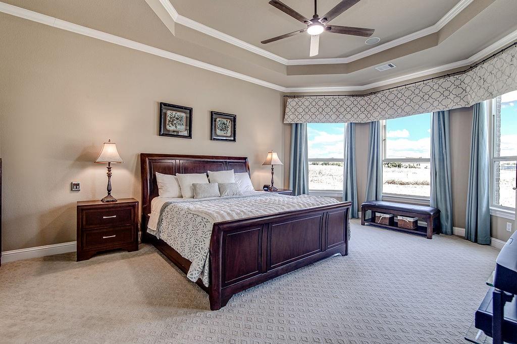 117 Citation Drive Cresson, TX 76035 - Photo 21 of 40 Bedroom featuring a tray ceiling, crown molding, multiple windows, and light carpet