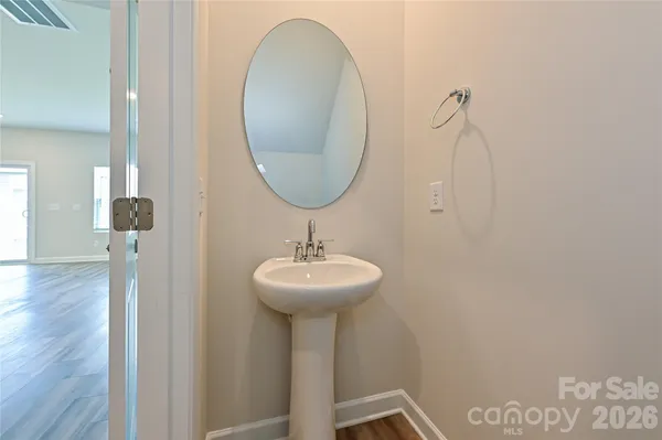 a bathroom with a sink a mirror and a wooden floor