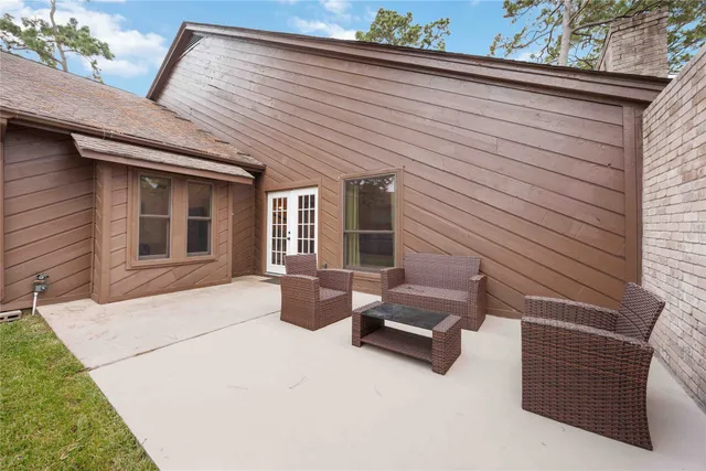 a building outdoor space with patio furniture