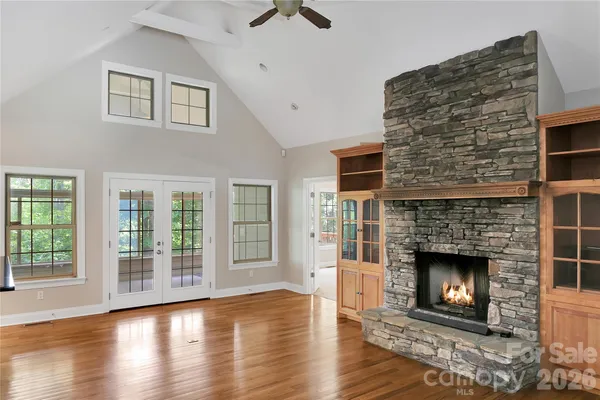 a living room with a fireplace