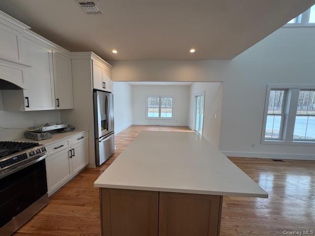 11 Colonels Path Manorville, NY 11949 - Photo 49 of 49 Kitchen with open floor plan, stainless steel appliances, light wood-style flooring, white cabinets, and plenty of natural light continues to rear dining area with sliding doors that open up to an extended trex patio