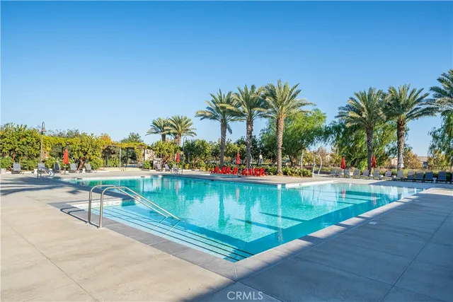 a view of a swimming pool with a lawn chairs and palm trees