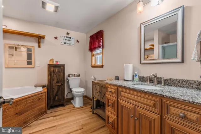 a spacious bathroom with a granite countertop toilet sink and mirror