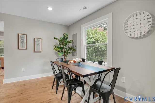 a view of a dining room with furniture window and wooden floor