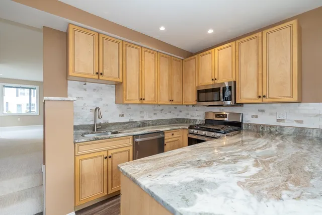 a kitchen with stainless steel appliances granite countertop a stove a sink a microwave and cabinets