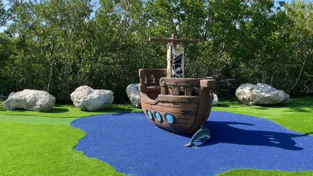 a garden view with a seating space