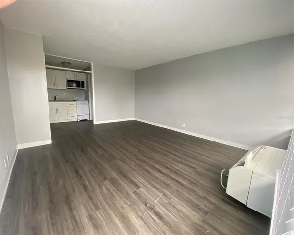 a view of an empty room and wooden floor with cabinet