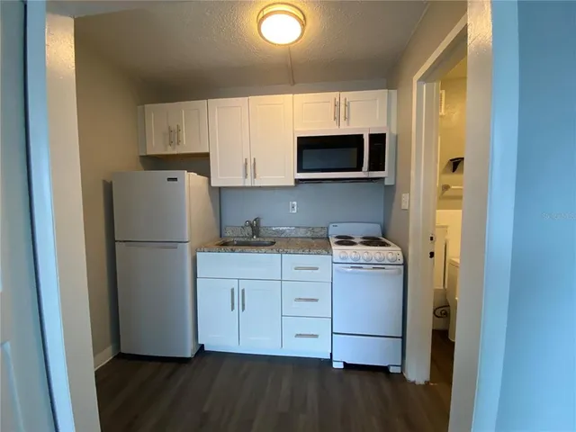 a kitchen with a refrigerator sink and cabinets