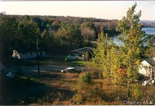a view of a town with large trees