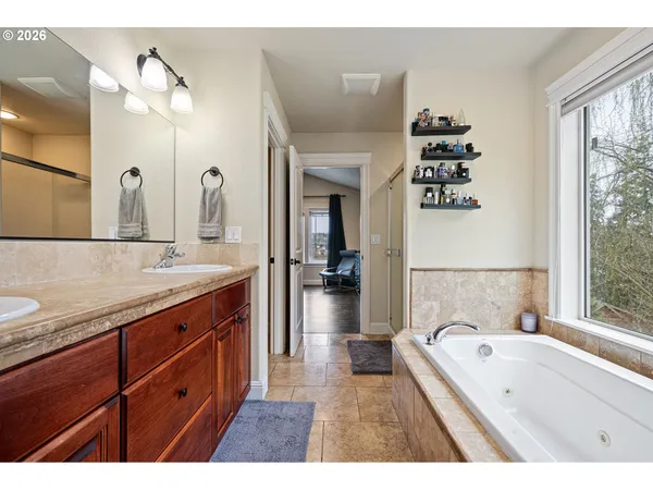 a bathroom with a tub a sink and a large mirror