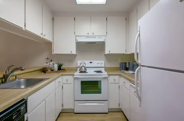 a kitchen with a sink stove and cabinets