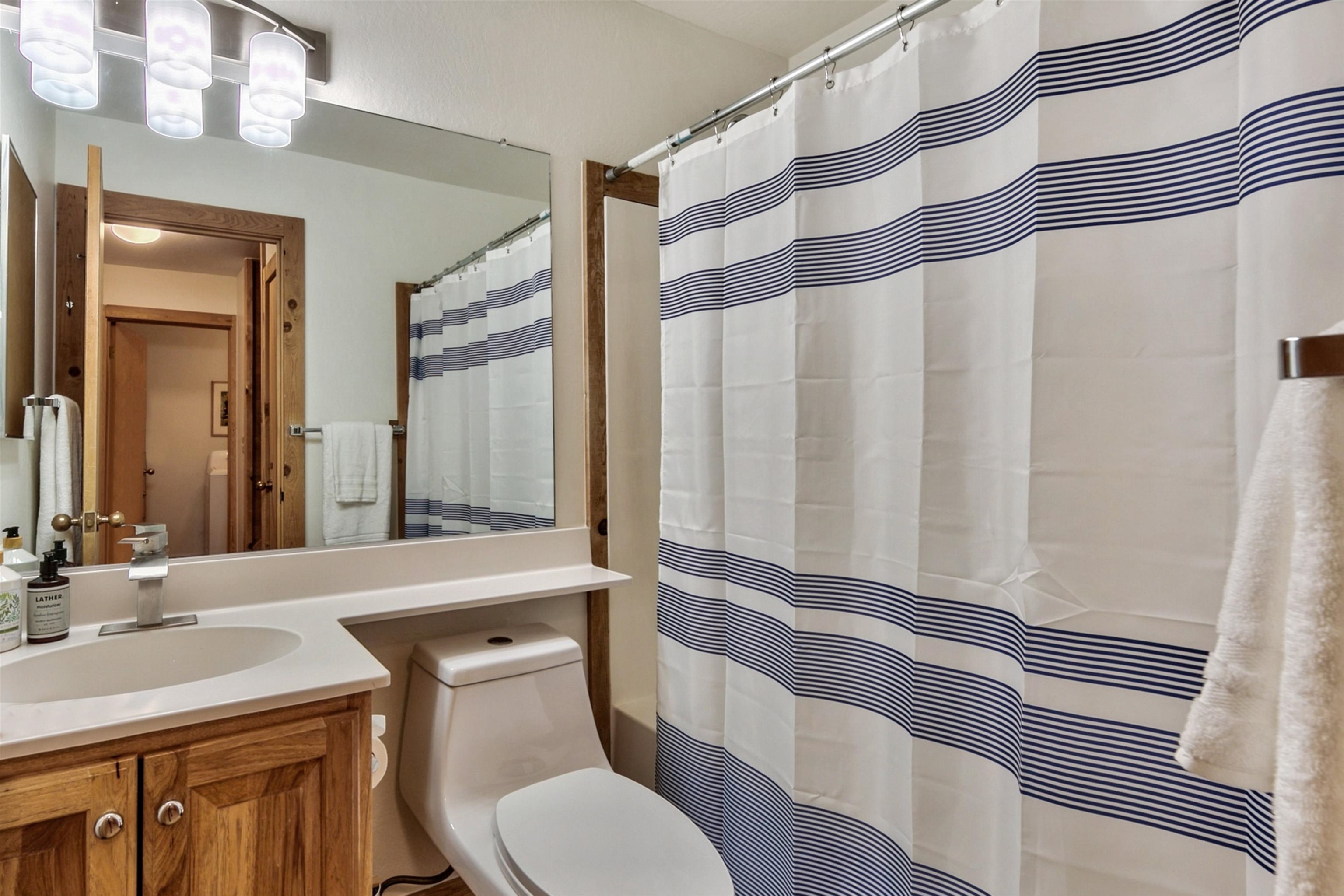 6004 Mill Camp Truckee, CA 96161 - Photo 15 of 21 a bathroom with a sink a toilet a mirror and shower curtain