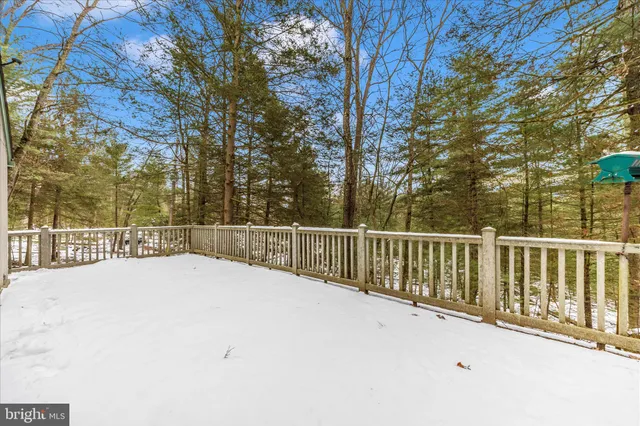a view of backyard with wooden fence and trees