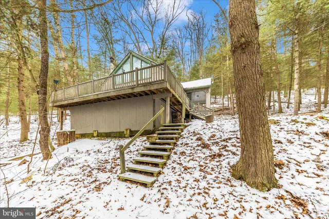 a backyard of a house with large trees and wooden fence