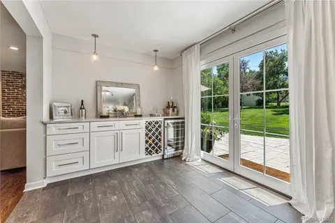 a view of a bathroom with dual sinks