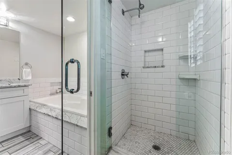 a bathroom with a shower and a sink