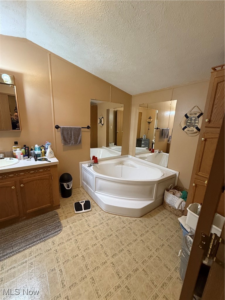 3925 North Ridge Road East Ashtabula, OH 44004 - Photo 9 of 19 Full bathroom with lofted ceiling, a bath, vanity, and a textured ceiling