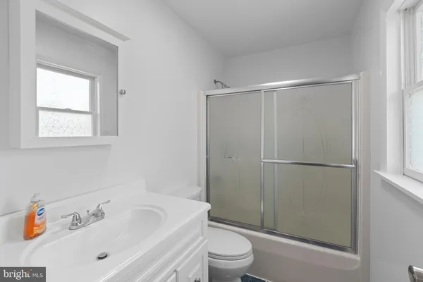 a bathroom with a sink vanity and toilet