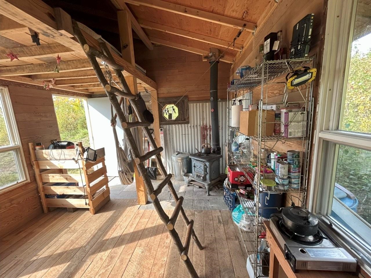 135 Biwabik Mn 55708 Embarrass, MN 55732 - Photo 16 of 42 Main room with plenty of natural light, wooden walls, a wood stove, vaulted ceiling, and wood floors
