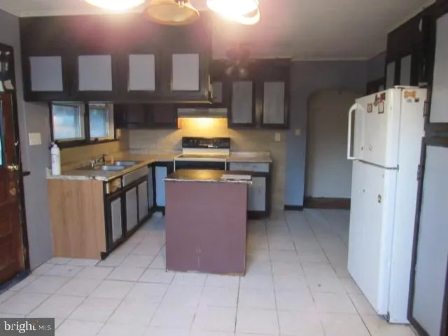 a kitchen with stainless steel appliances a stove a refrigerator a sink a counter top space and cabinets