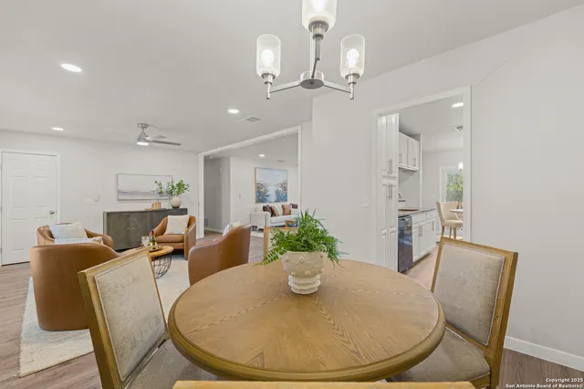 a view of a dining room with furniture