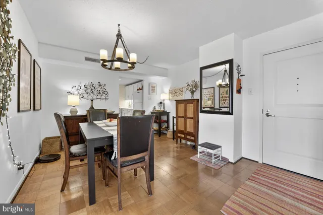 a view of a dining room with furniture