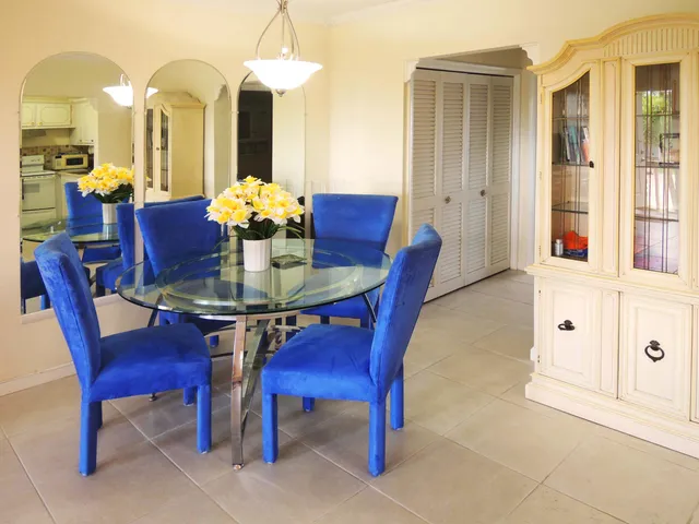 a view of a dining room with furniture