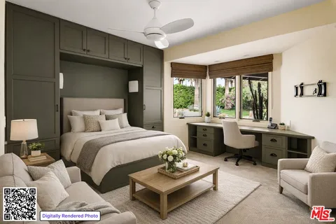 a bedroom with a bed window and a table chair