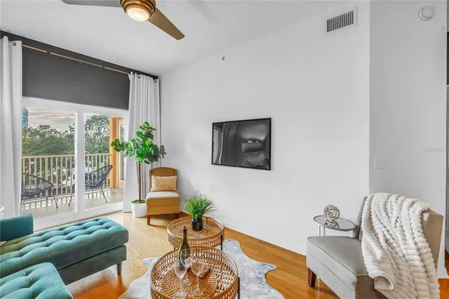 a living room with furniture and a potted plant