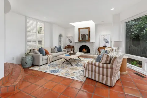 a living room with couches a dining table and a potted plant