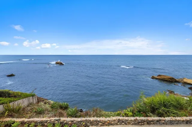 a view of a swimming pool with lawn chairs and potted plants