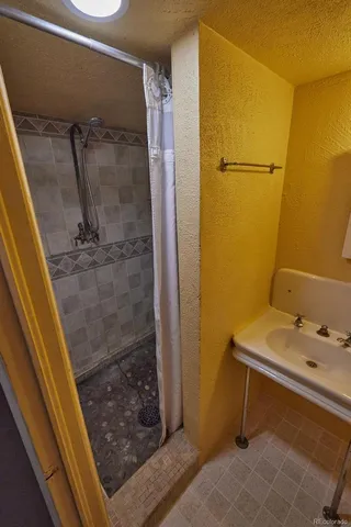 a bathroom with a shower and a sink