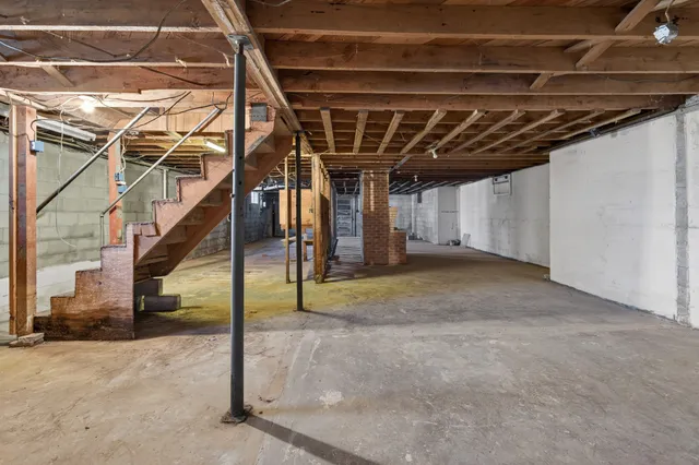 a view of a room with wooden roof