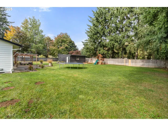 a view of a house with a yard and a large tree