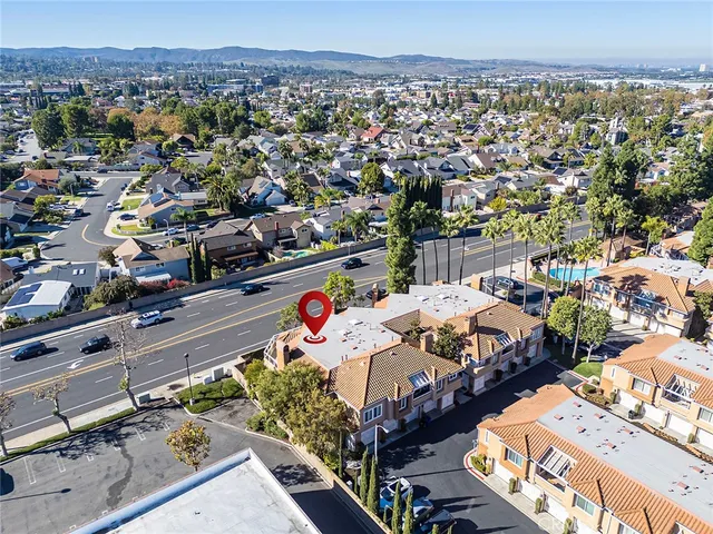 a view of a city with furniture