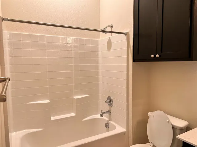 a bathroom with a shower and a toilet