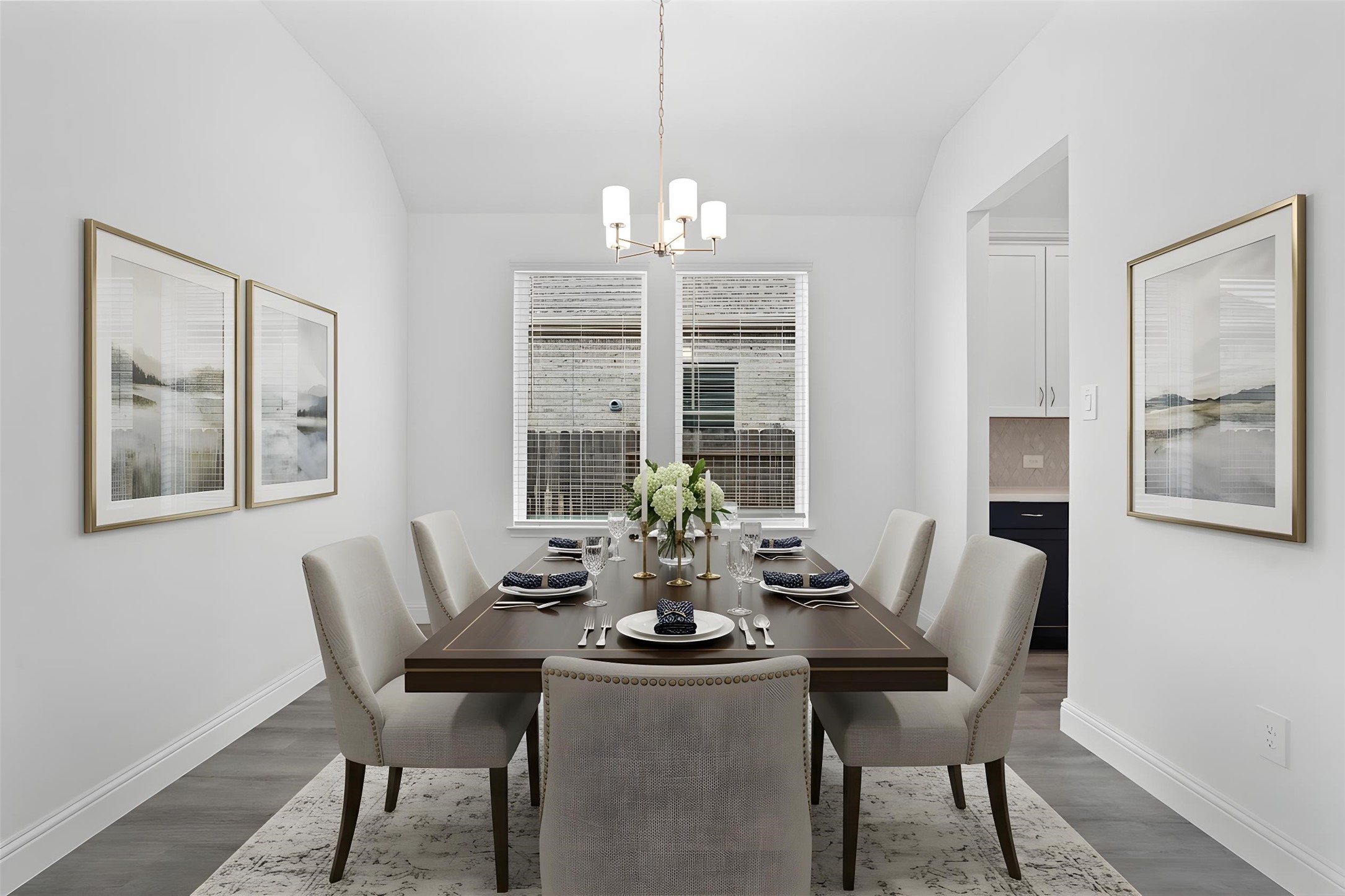 17315 July Moon Lane Conroe, TX 77302 - Photo 11 of 46 You and your guests will certainly dine in style in this amazing formal dining room! Featuring a gorgeous modern chandelier, large window with blinds, neutral paint, high ceilings, and luxury vinyl flooring! Perfect space to entertain family and friends! *Virtually Staged