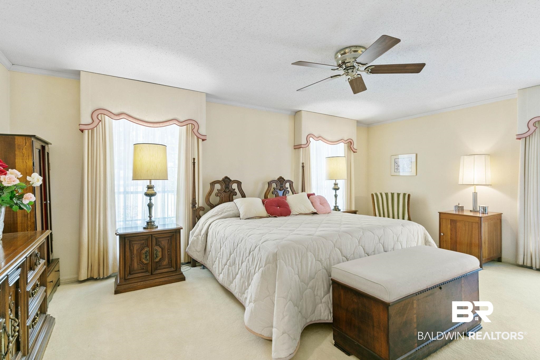 752 Evergreen Street Fairhope, AL 36532 - Photo 29 of 100 Bedroom with carpet, a textured ceiling, ceiling fan, and ornamental molding