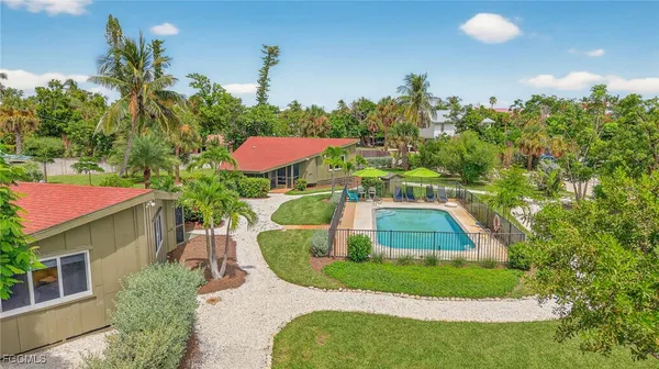 a view of a swimming pool with a yard
