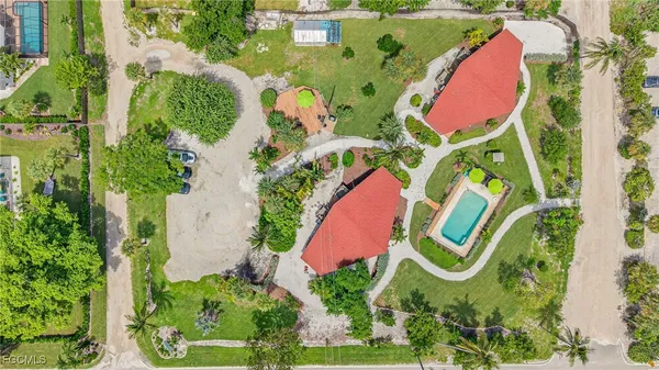 an aerial view of a swimming pool