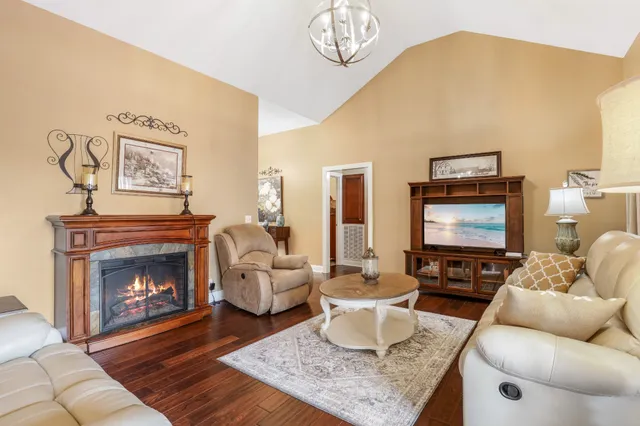 a living room with furniture a rug and a fireplace