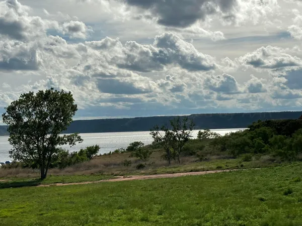a view of a garden and an ocean