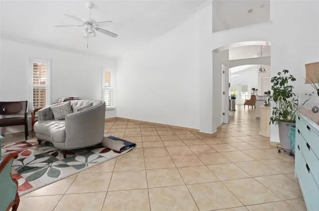 a living room with a couch and a potted plant