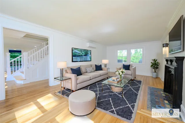 a living room with furniture a flat screen tv and a fireplace